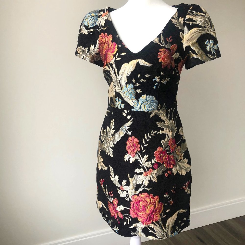 Monsoon. Jacquard mini dress. Black, gold, blue, pink. US 4